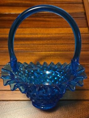 Vintage Blue Fenton Glass Hobnail Basket